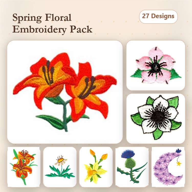 Spring Floral Embroidery Designs Bundle – Red Lily, Pink Flower, Orange Lily & More (27 Designs)