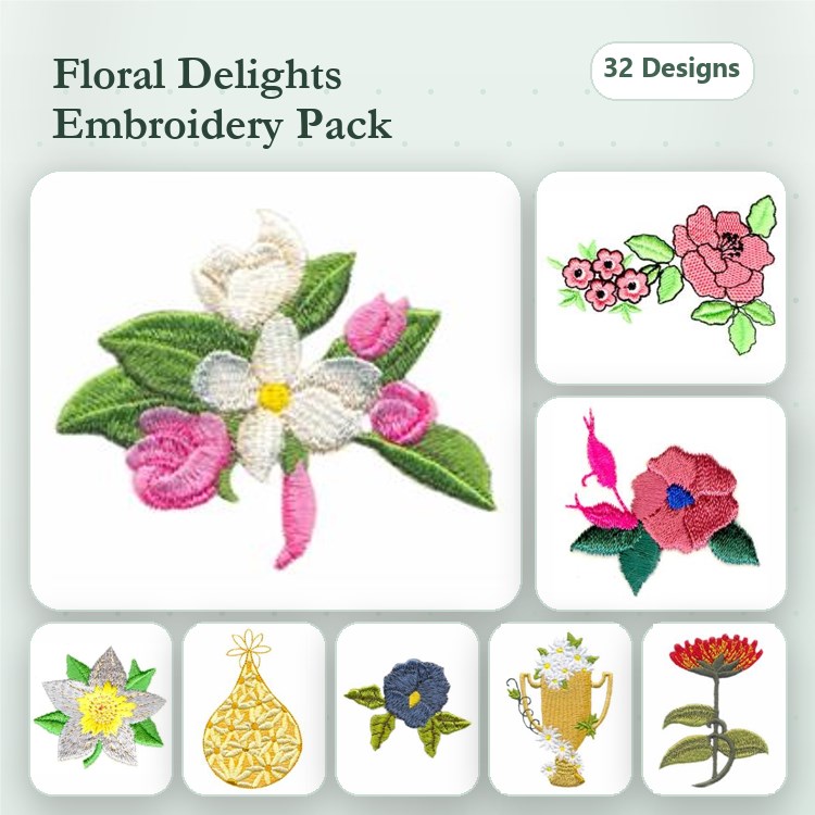 Floral Embroidery Designs Bundle – Flower Bouquet, Pink Rose, Violet Flower & More (32 Designs)