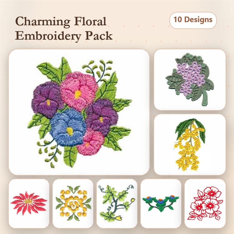 Charming Floral Embroidery Designs Bundle – Bouquet of Pansies, Clusters of Lilac, Wisteria & More (10 Designs)