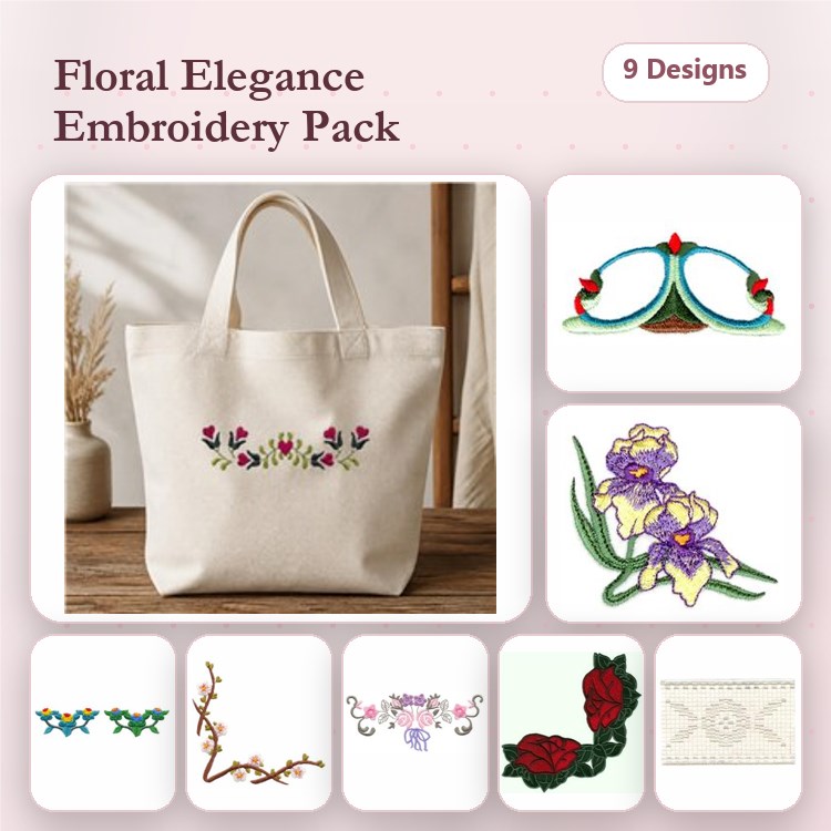 Floral Embroidery Bundle – Tulip Bouquet, Iris Blossom, Rose Arrangement & More (9 Designs)