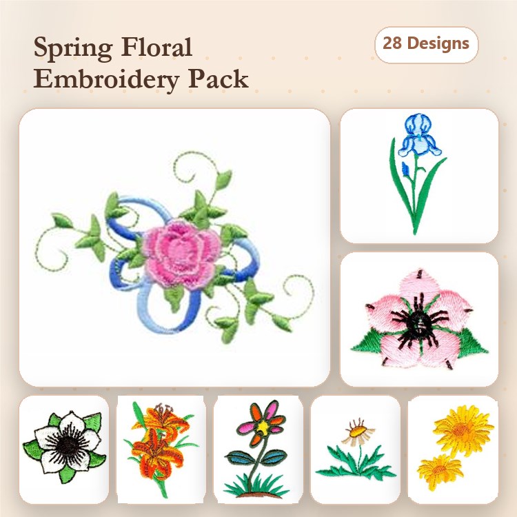 Spring Floral Embroidery Designs Bundle – Pink Rose, Iris, Black-Eyed Susan & More (28 Designs)