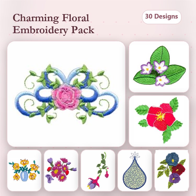 Floral Embroidery Designs Bundle – Rose, Violet, Hummingbird & More (30 Designs)