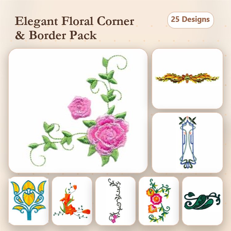 Elegant Floral Embellishments Embroidery Bundle – Pink Floral Corner with Roses, Floral Border, Bouquet of Flowers & More (25 Designs)