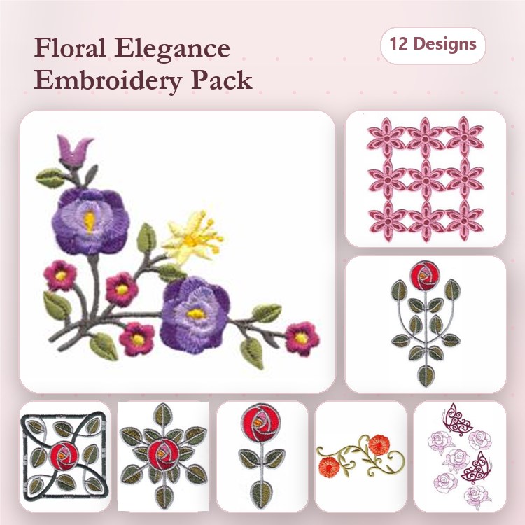 Floral Embroidery Designs Bundle – Purple Flower, Yellow Flower, Red Rose & More (12 Designs)