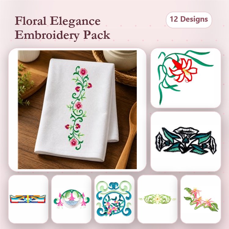 Floral Embroidery Bundle – Rose Vine, Floral Border, Ornate Floral Design & More (12 Designs)