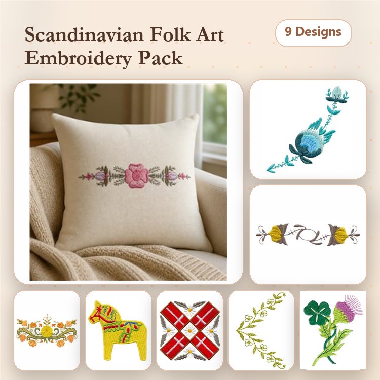 Scandinavian Folk Art Embroidery Bundle – Rose Border, Blue Flower, Dala Horse & More (9 Designs)