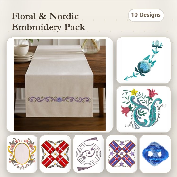 Floral & Nordic Embroidery Designs Bundle – Floral Border, Nordic Rose, Swirling Floral & More (10 Designs)