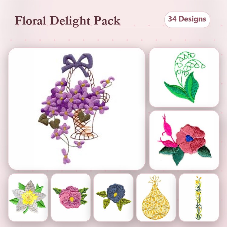 Floral Embroidery Designs Bundle – Flower Basket with Violets, Leaf Design, Pink Floral Design & More (34 Designs)