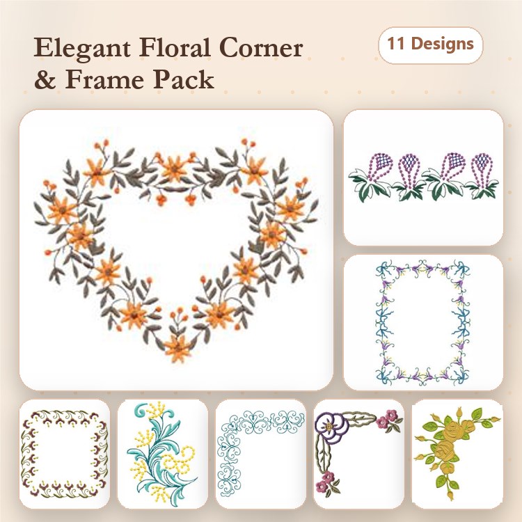 Floral Embellishments Embroidery Designs Bundle – Heart Corner, Ornate Frame, Tulip Corner & More (11 Designs)