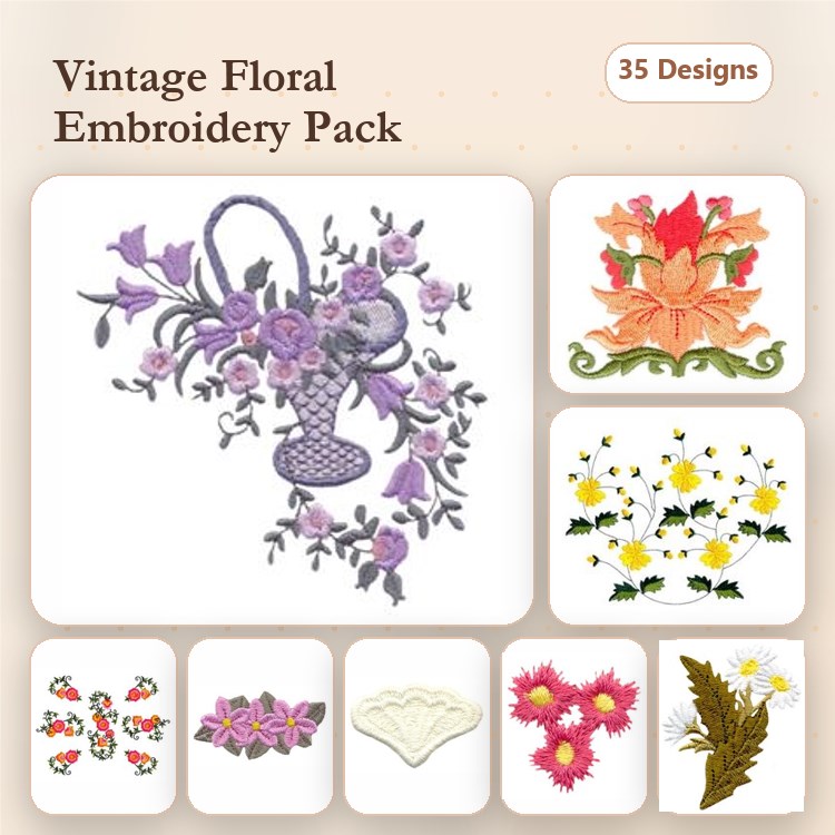 Vintage Floral Embroidery Designs Bundle – Flower Basket, Maple Leaf, Daisy Cluster & More (35 Designs)