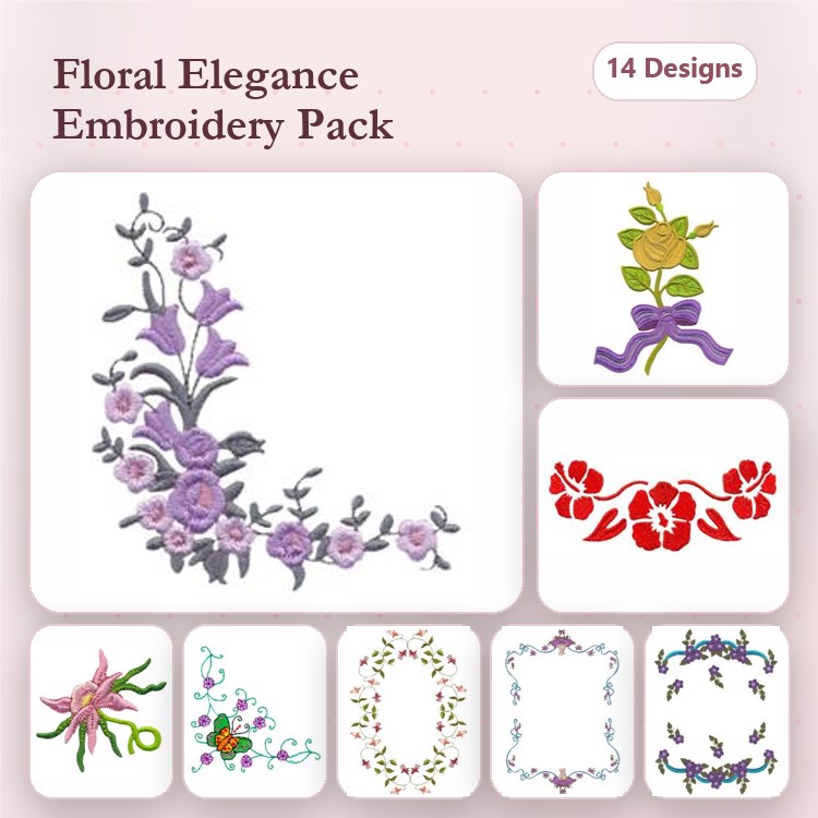 Floral Embellishment Embroidery Bundle – Purple Floral Corner, Yellow Rose with Ribbon, Red Floral Arrangement & More (14 Designs)