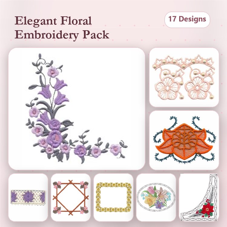 Elegant Floral Embroidery Bundle – Floral Corner, Two Owls, Lace Border & More (17 Designs)