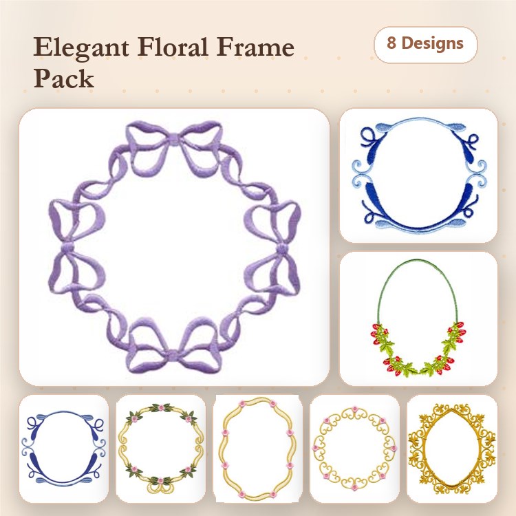 Floral Frames Embroidery Bundle – Floral Frame with Bows, Ornate Floral Frame, Circular Floral Frame & More (8 Designs)
