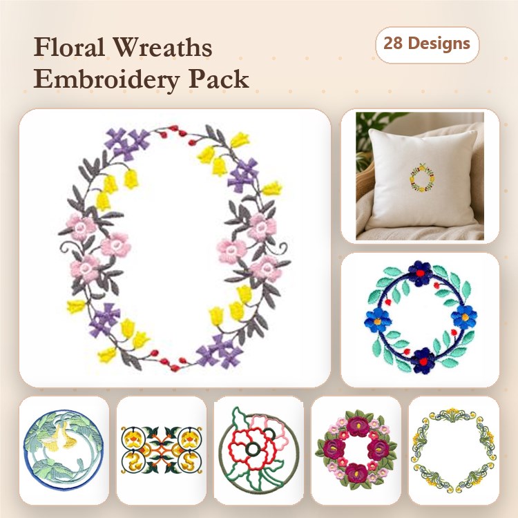 Floral Wreaths Embroidery Bundle – Pink, Blue, Yellow, Red & More (28 Designs)