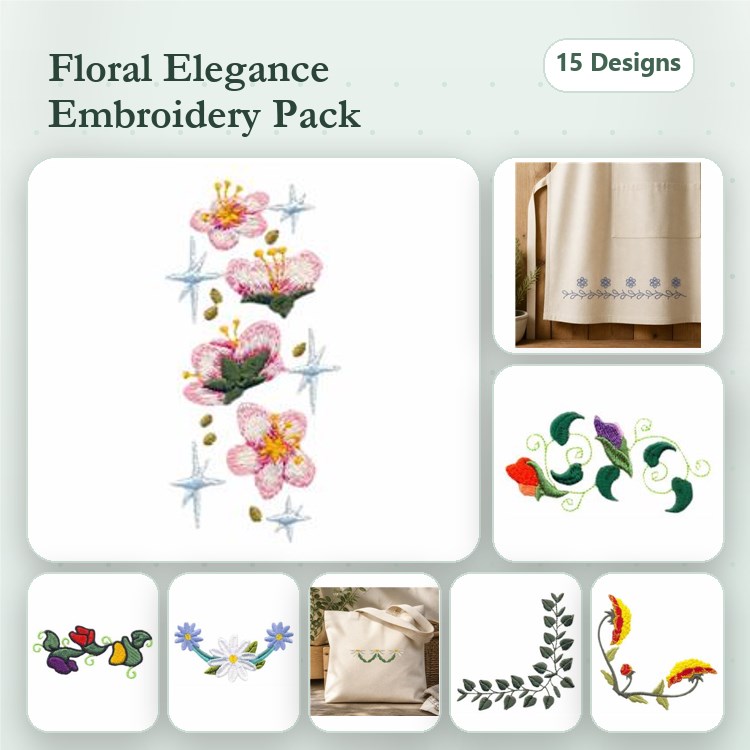 Floral Elegance Embroidery Designs Bundle – Flower Spray, Floral Border, Colorful Bouquet & More (15 Designs)