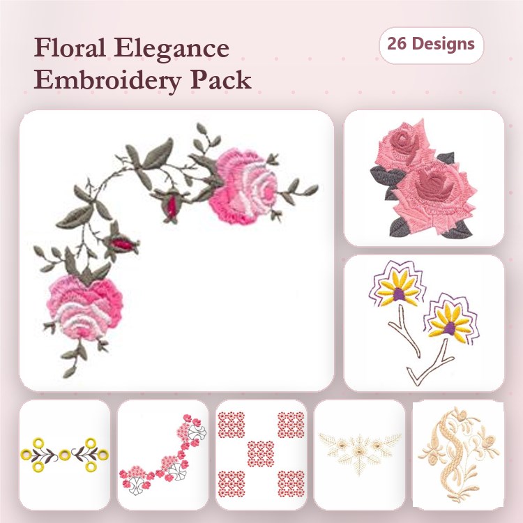 Floral Elegance Embroidery Bundle – Roses, Vines, Geometric & More (26 Designs)