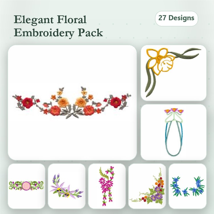 Floral Embellishments Embroidery Designs Bundle – Floral Border, Yellow Orchid, Wreath & More (27 Designs)