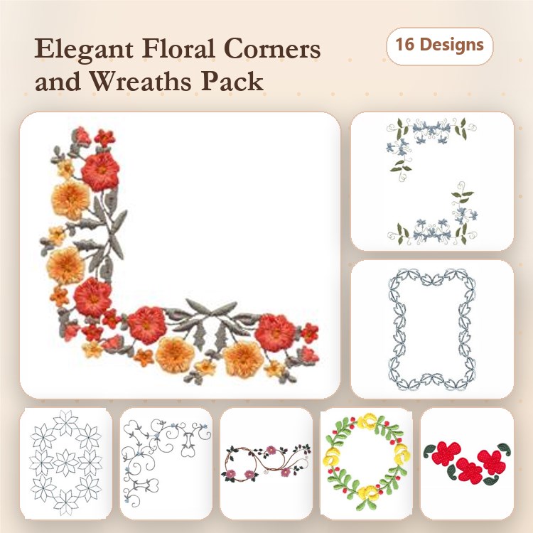 Floral Embellishments Embroidery Designs Bundle – Elegant Corners, Wreaths & More (16 Designs)