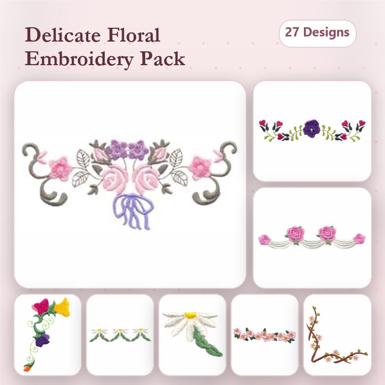 Floral Embellishment Embroidery Bundle – Flower Bouquet, Floral Swag with Ribbons, Rose Cluster & More (27 Designs)