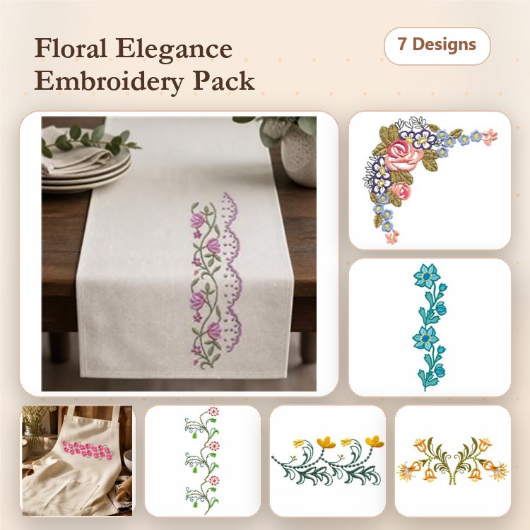 Floral Elegance Embroidery Bundle – Floral Border Embellishment, Rose Arrangement, Floral Vine & More (7 Designs)