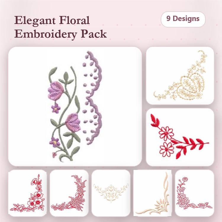 Elegant Floral Embellishments Embroidery Designs Bundle – Floral Border with Tulips, Lace Floral Accent, Hearts with Floral Swirls & More (9 Designs)