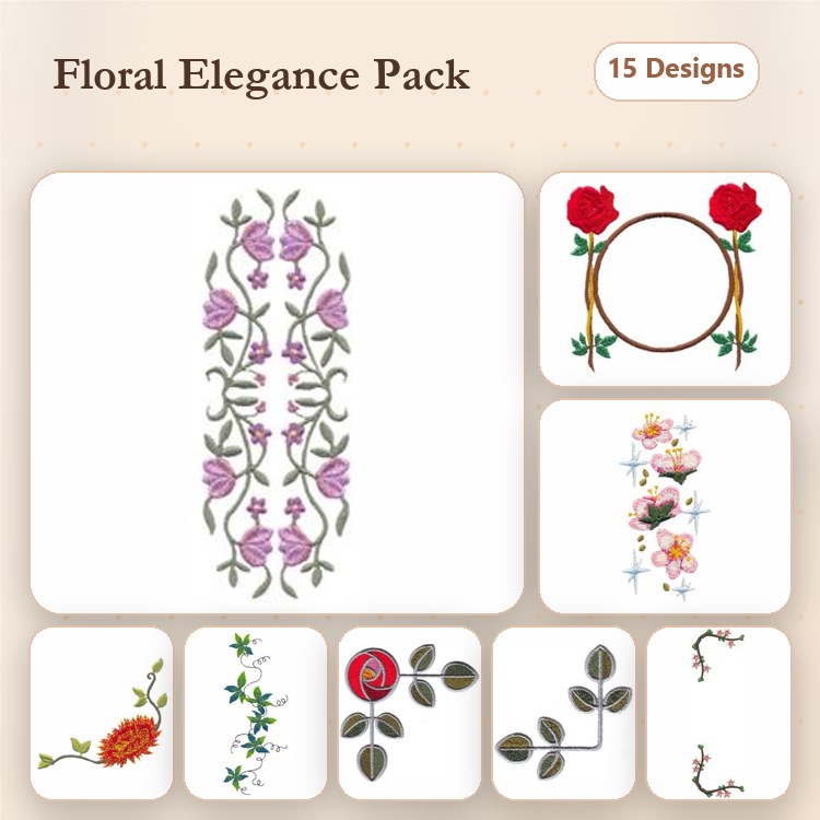 Floral Embroidery Designs Bundle – Floral Vine, Rose Wreath, Flower Cluster & More (15 Designs)