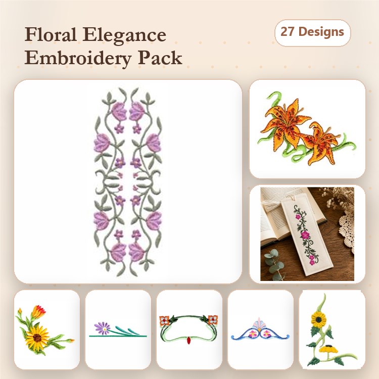 Floral Embellishments Embroidery Designs Bundle – Floral Border with Vines, Orange Lily, Sunflower & More (27 Designs)