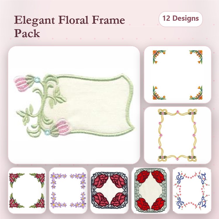 Floral Frames Embroidery Designs Bundle – Elegant Floral Frame with Pink Tulips, Geometric Floral Frame, Red Rose Frame & More (12 Designs)