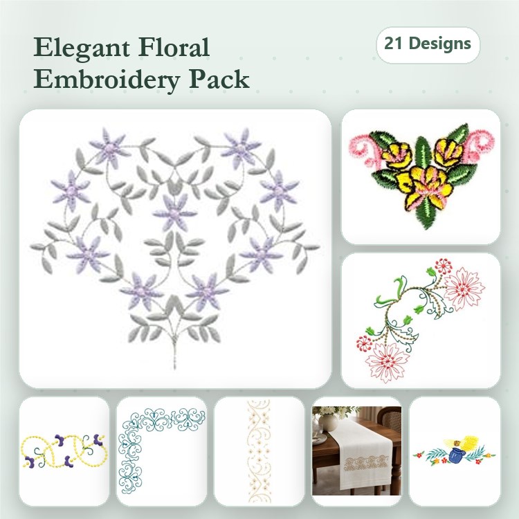 Floral Embroidery Bundle – Floral Heart, Ornamental Flower Arrangement, Floral Vine & More (21 Designs)