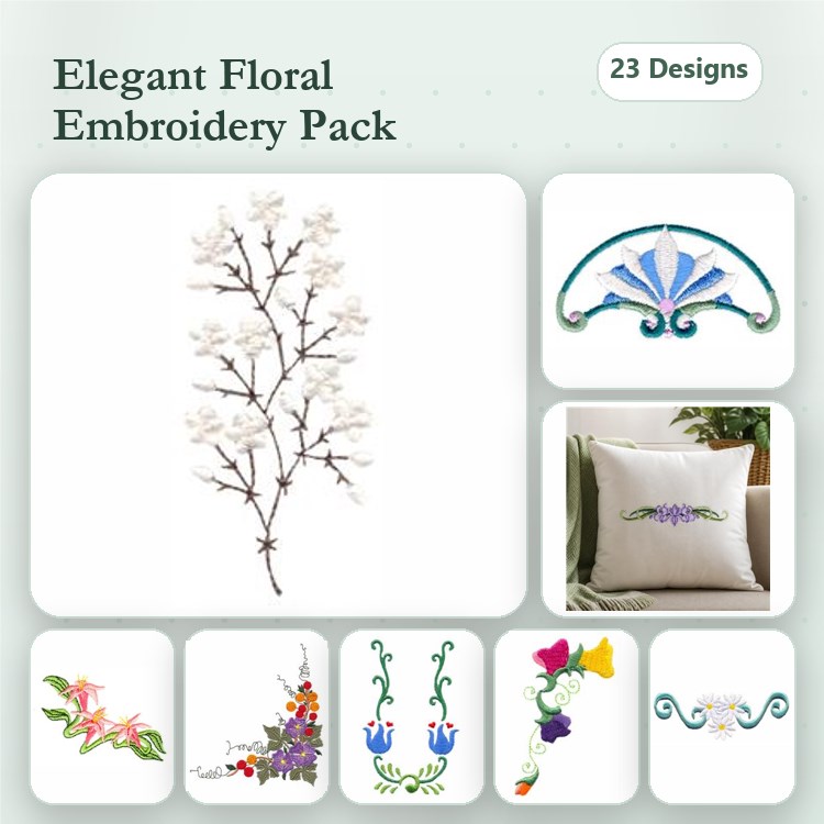 Elegant Floral Embroidery Designs Bundle – Flower Branch, Purple Floral Bouquet, Ornate Floral Corner & More (23 Designs)