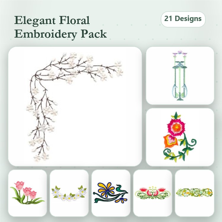 Elegant Floral Embroidery Designs Bundle – Floral Vine, Vase with Flowers, Pink Flowers & More (21 Designs)