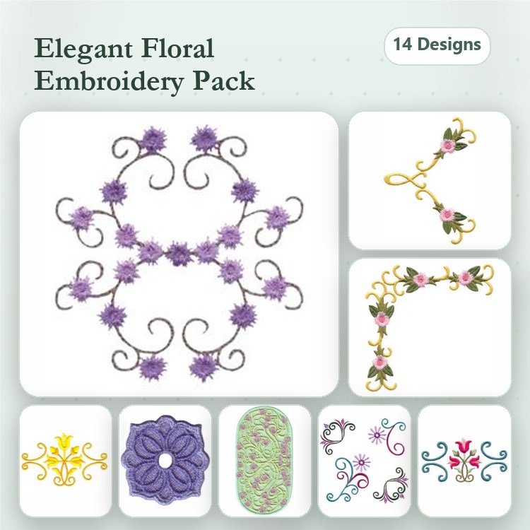 Elegant Floral Embroidery Designs Bundle – Floral Corner, Swirled Arrangement, Ornamental Flourish & More (14 Designs)