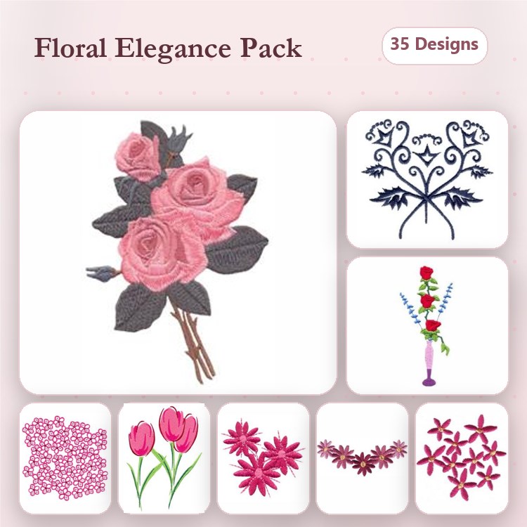 Floral Embellishments Embroidery Designs Bundle – Pink Roses Bouquet, Tulip Arrangement, Floral Lace & More (35 Designs)