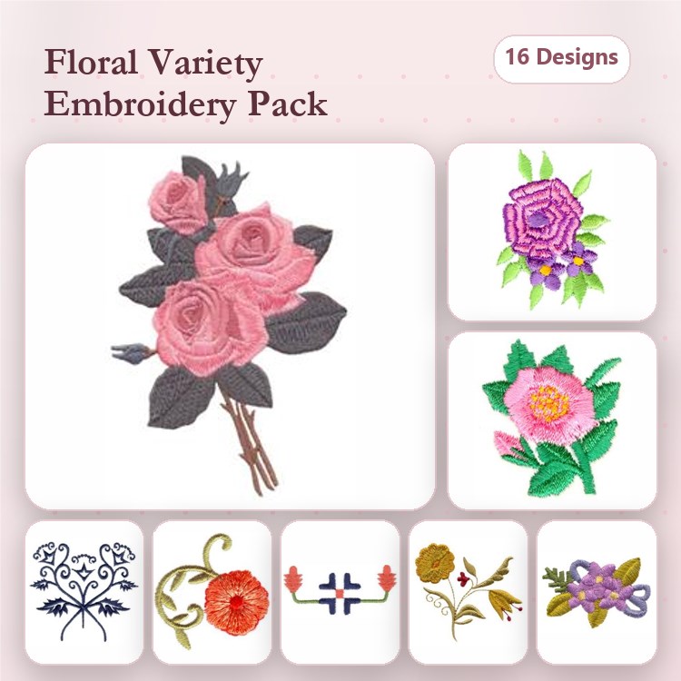 Floral Embroidery Designs Bundle – Pink Roses, Purple Rose, Flower Bouquet & More (16 Designs)