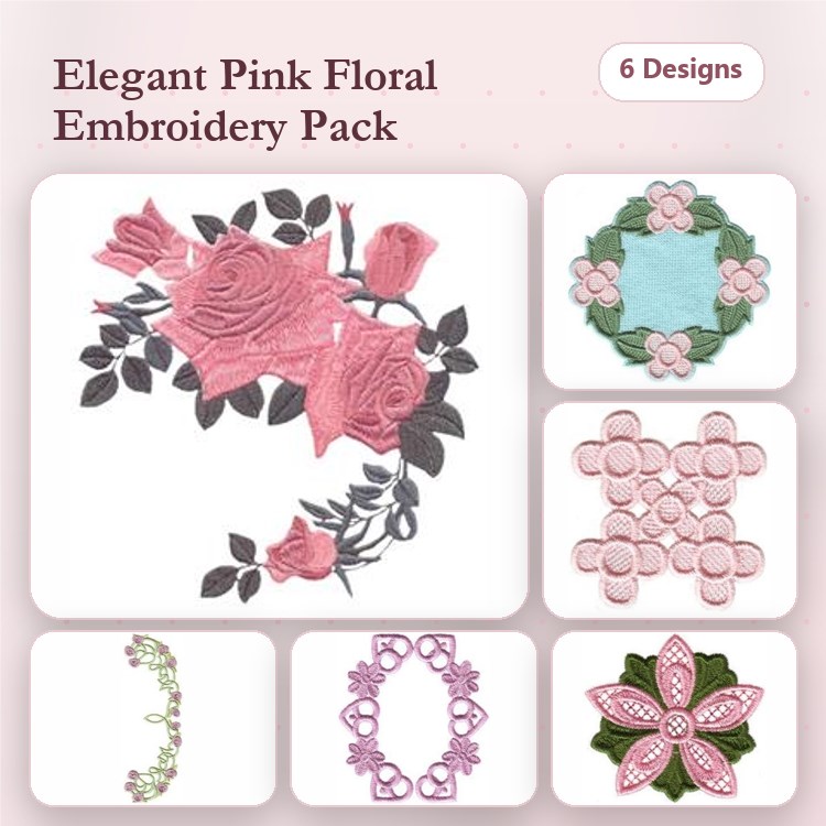 Elegant Pink Floral Embroidery Designs Bundle – Pink Roses Arrangement, Floral Wreath Outline, & More (6 Designs)