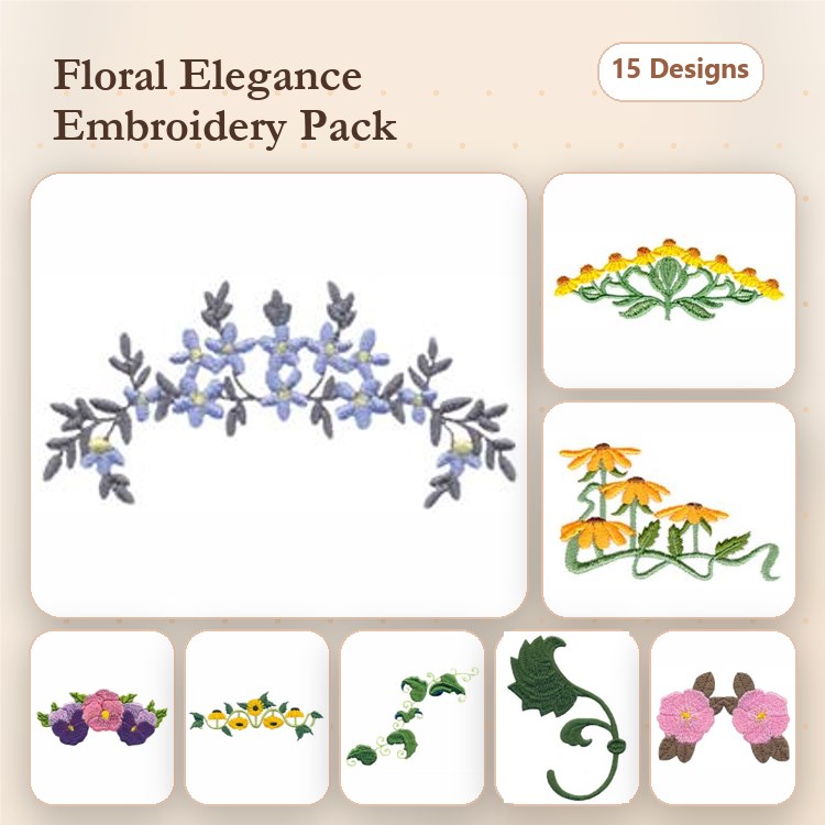 Floral Embellishments Embroidery Designs Bundle – Violet Floral Frame, Sunflower Bouquet, Tulip Cluster & More (15 Designs)