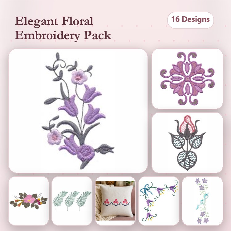 Elegant Floral Embroidery Bundle – Floral Stem with Flowers, Rose, Ornamental Flower & More (16 Designs)