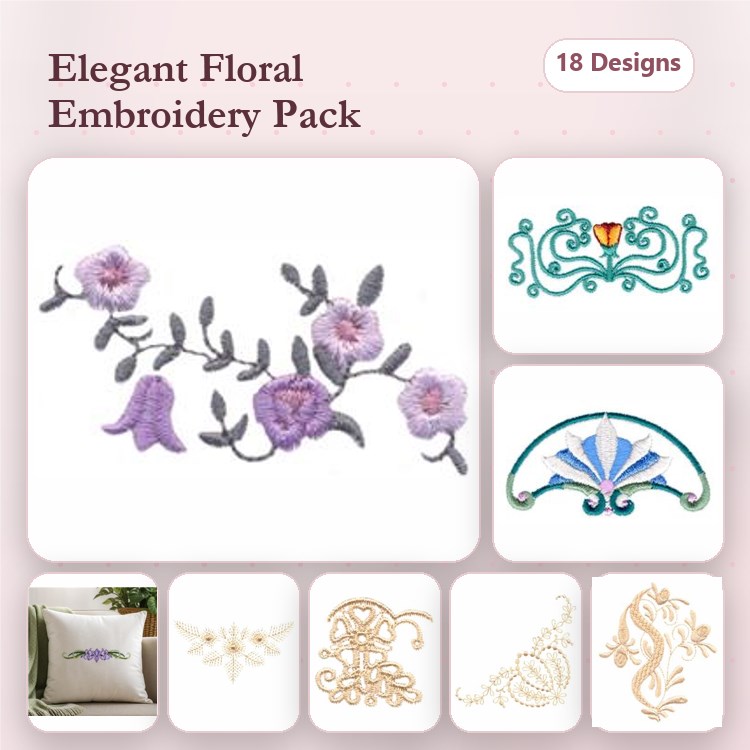 Elegant Floral Embroidery Designs Bundle – Floral Vine with Bells, Decorative Floral Border, Stylized Flower & More (18 Designs)