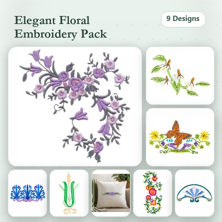 Floral Embroidery Designs Bundle – Floral Arrangement with Roses, Bird and Floral Design, & More (9 Designs)