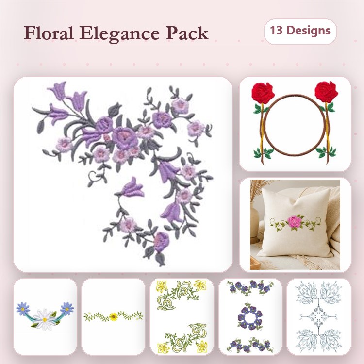 Elegant Floral Embroidery Designs Bundle – Floral Bouquet, Rose Wreath, Flower Cluster & More (13 Designs)