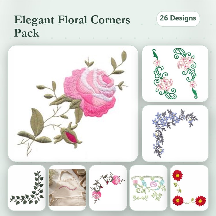 Floral Embellishment Embroidery Designs Bundle – Elegant Floral Corners, Pink Rose, Green Swirl & More (26 Designs)