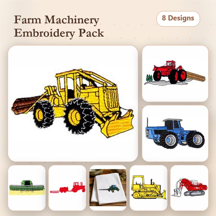 Farm Machinery Embroidery Designs Bundle – Bulldozer, Red Tractor, Blue Tractor & More (8 Designs)
