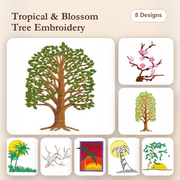 Tropical & Blossom Trees Embroidery Designs Bundle – Tropical Tree, Palm Tree, Blossom Tree & More (8 Designs)