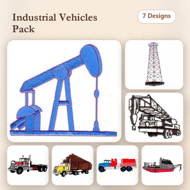 Industrial Vehicles Embroidery Designs Bundle – Oil Pump Jack, Oil Rig, Crane Truck & More (7 Designs)