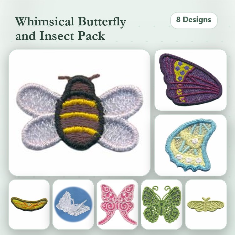 FSL Insect Embroidery Designs Bundle – Whimsical Bee, Butterfly Wing, Lace Butterfly & More (8 Designs)