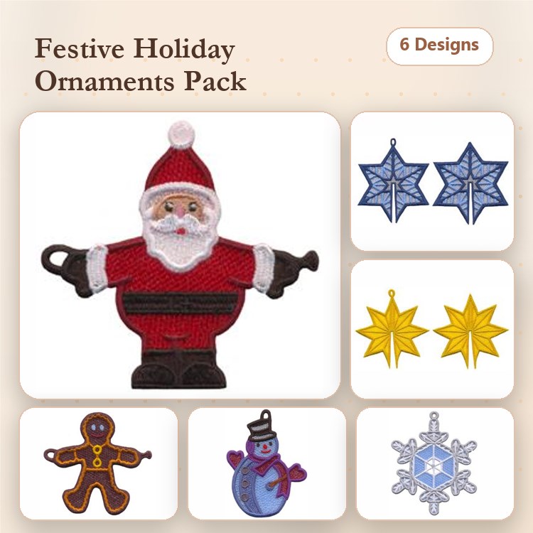 FSL Festive Holiday Ornaments Embroidery Bundle – Santa, Gingerbread Man, Snowman & More (6 Designs)
