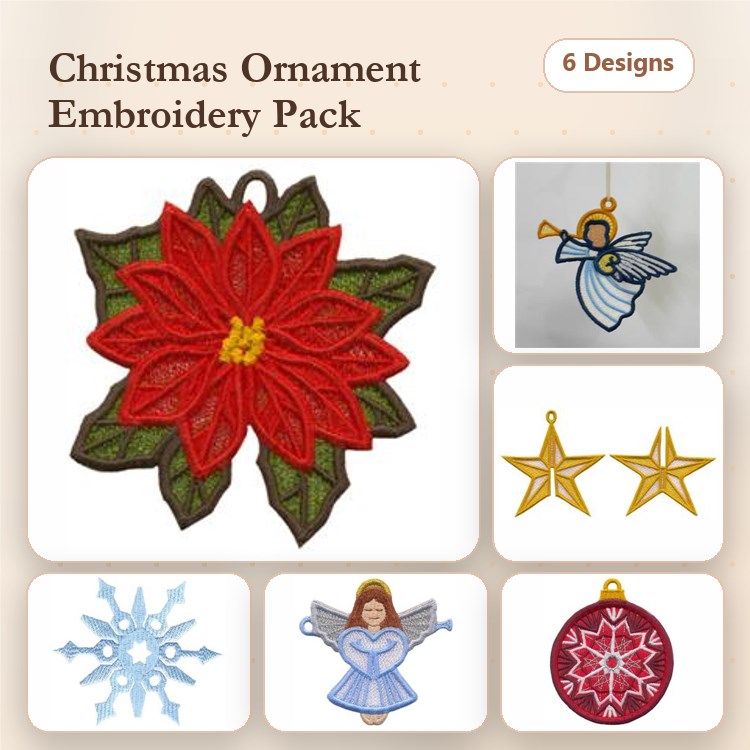 Christmas Ornament Embroidery Designs Bundle – Poinsettia, Angel, Star & More (6 Designs)