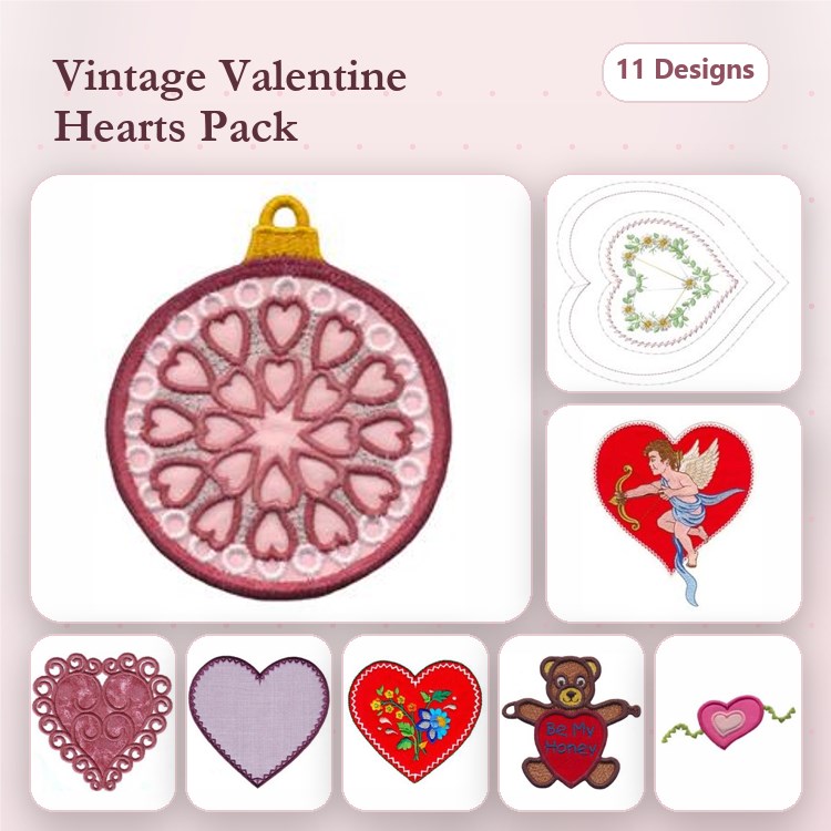 Cupid & Teddy Bear Embroidery Designs Bundle – Heart with Lace Border, Floral Heart, Vintage Heart & More (11 Designs)