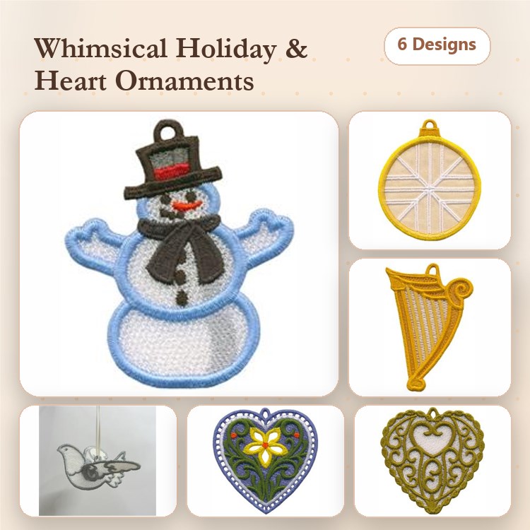 FSL Holiday Ornaments Embroidery Designs Bundle – Snowman, Harp, Heart & More (6 Designs)
