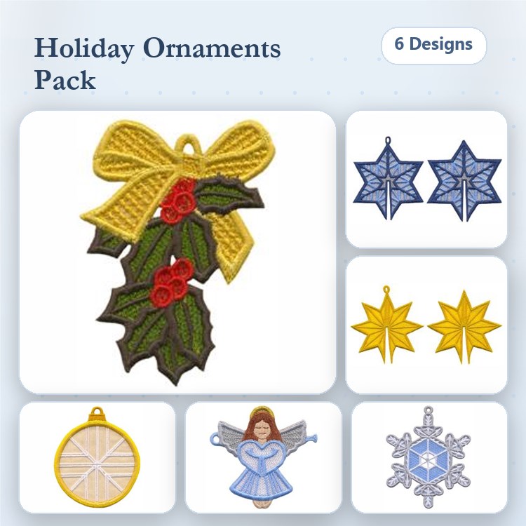 FSL Holiday Ornaments Embroidery Bundle – Holly with Bow, Angel, Snowflake & More (6 Designs)